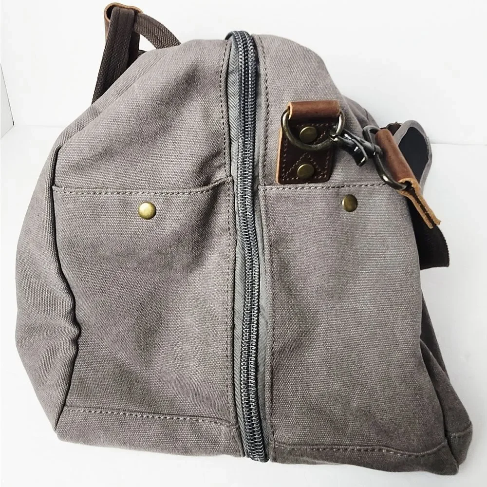 SOAEON Waterproof Genuine Leather Canvas Travel Duffel Weekender Bag Gray Brown